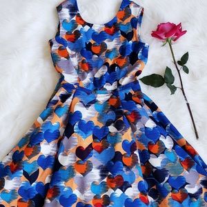 KTR Multi Color Hearts Open Back Skater Dress S
